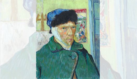 Painted portrait of a person wearing a dark coat and hat, set indoors with a window and colourful artwork behind.