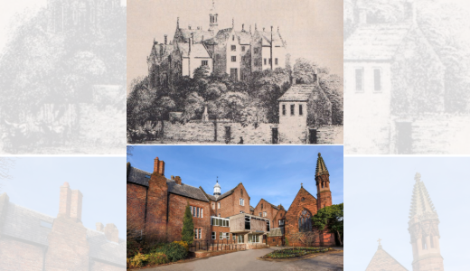 Composite image showing an old illustration of a large historic building above a modern photograph of a brick campus building with a tower.