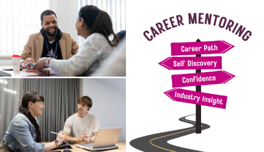 Images of one-to-one mentoring conversations alongside a graphic signpost labelled career path, self-discovery, confidence and industry insight.