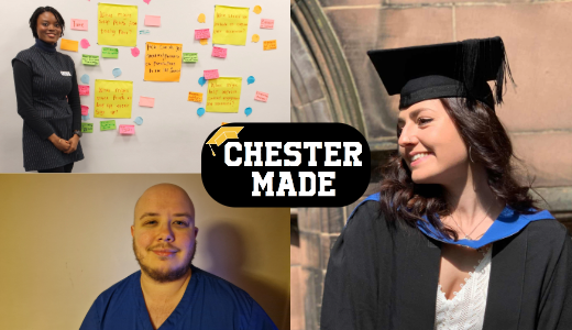 Collage showing people in professional and academic contexts with a central “Chester Made” logo.