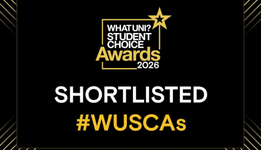 Black and gold graphic reading “WhatUni Student Choice Awards 2026 – Shortlisted #WUSCAs”.
