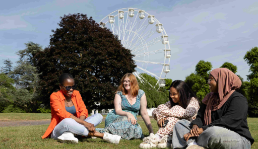 Four people seated on grass in a park, with a large Ferris wheel visible in the background.