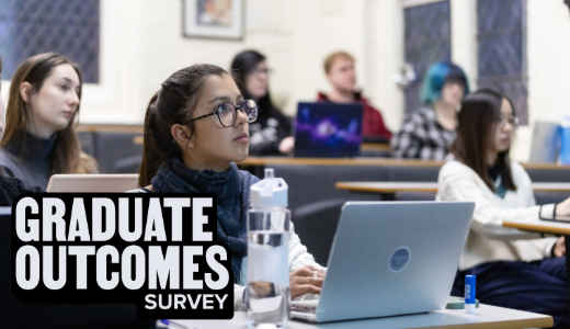 Students seated in a lecture theatre using laptops, with overlaid text reading “Graduate Outcomes Survey”.