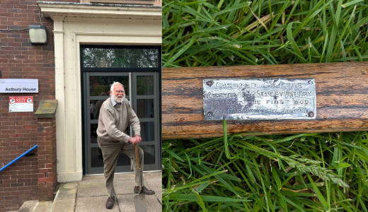 Split image showing a person standing outside Astbury House and a close-up of a plaque.