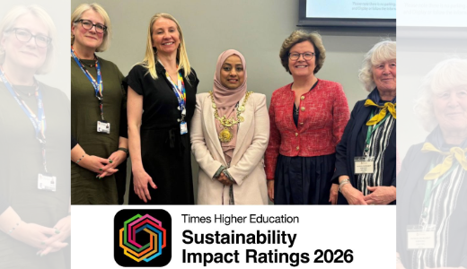 Group photograph of five people at an event, accompanied by the Times Higher Education Sustainability Impact Ratings 2026 logo.