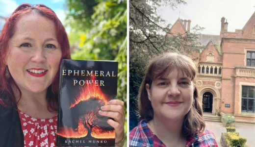 Split image showing an author holding a copy of a novel and a second portrait taken outside a historic building.