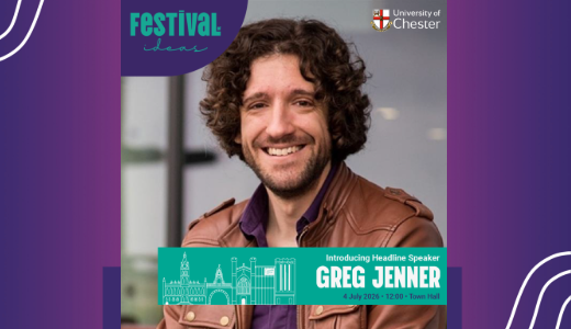 Promotional graphic featuring a headlining speaker for the University of Chester Festival of Ideas, with event details displayed in a turquoise banner.