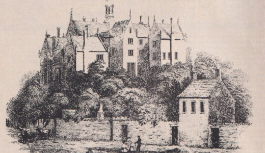 Historic black-and-white illustration of a large manor-style building surrounded by trees, with a gatehouse and entrance in the foreground.