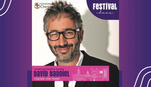 Promotional graphic for a University of Chester Festival of Ideas headline speaker, featuring a portrait and event details.