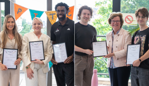Award recipients holding certificates and posing for photographs at a presentation event.