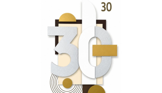 Stylised graphic featuring the number 30 in gold, white and grey geometric shapes on a light background.