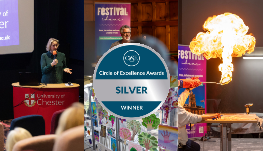 Collage showing a university presentation, science demonstration and a CASE Circle of Excellence Silver Winner award badge.
