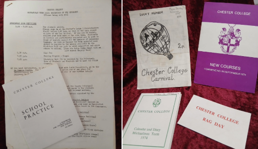 Historic Chester College documents and memorabilia displayed at an Archives exhibition.